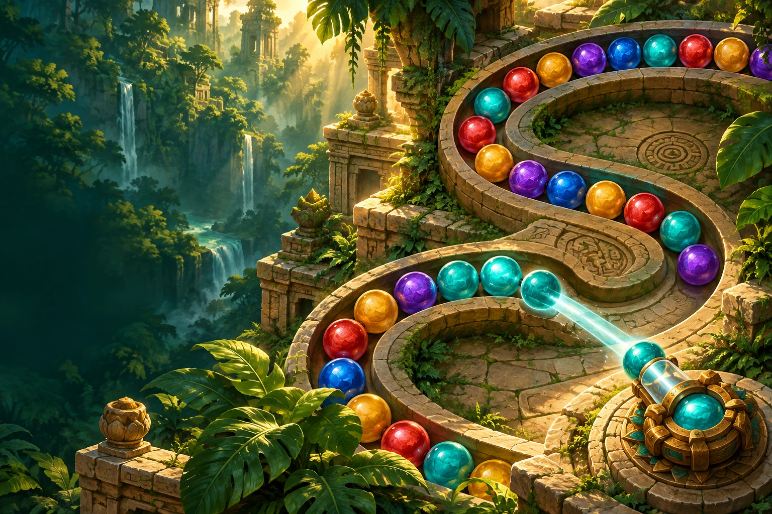 Polished jewel marbles wind through an ancient jungle temple toward a brass launcher